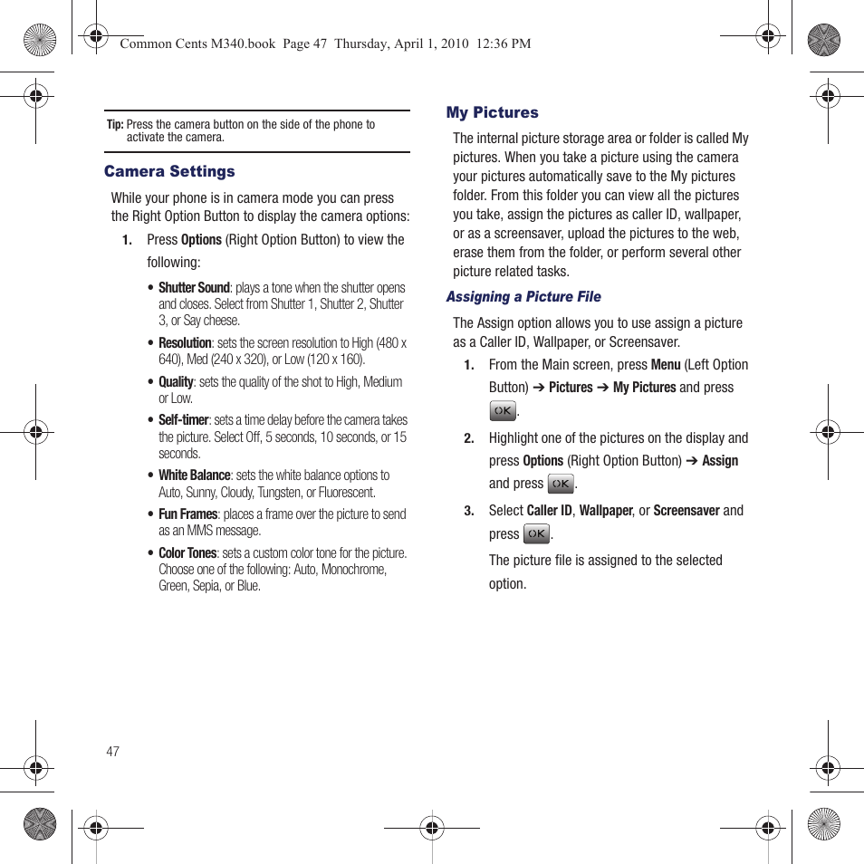 Camera settings, My pictures, Camera settings my pictures | Samsung SPH-M340DAACMU User Manual | Page 50 / 102