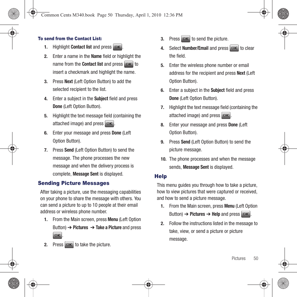 Sending picture messages, Help, Sending picture messages help | Samsung SPH-M340DAACMU User Manual | Page 53 / 102