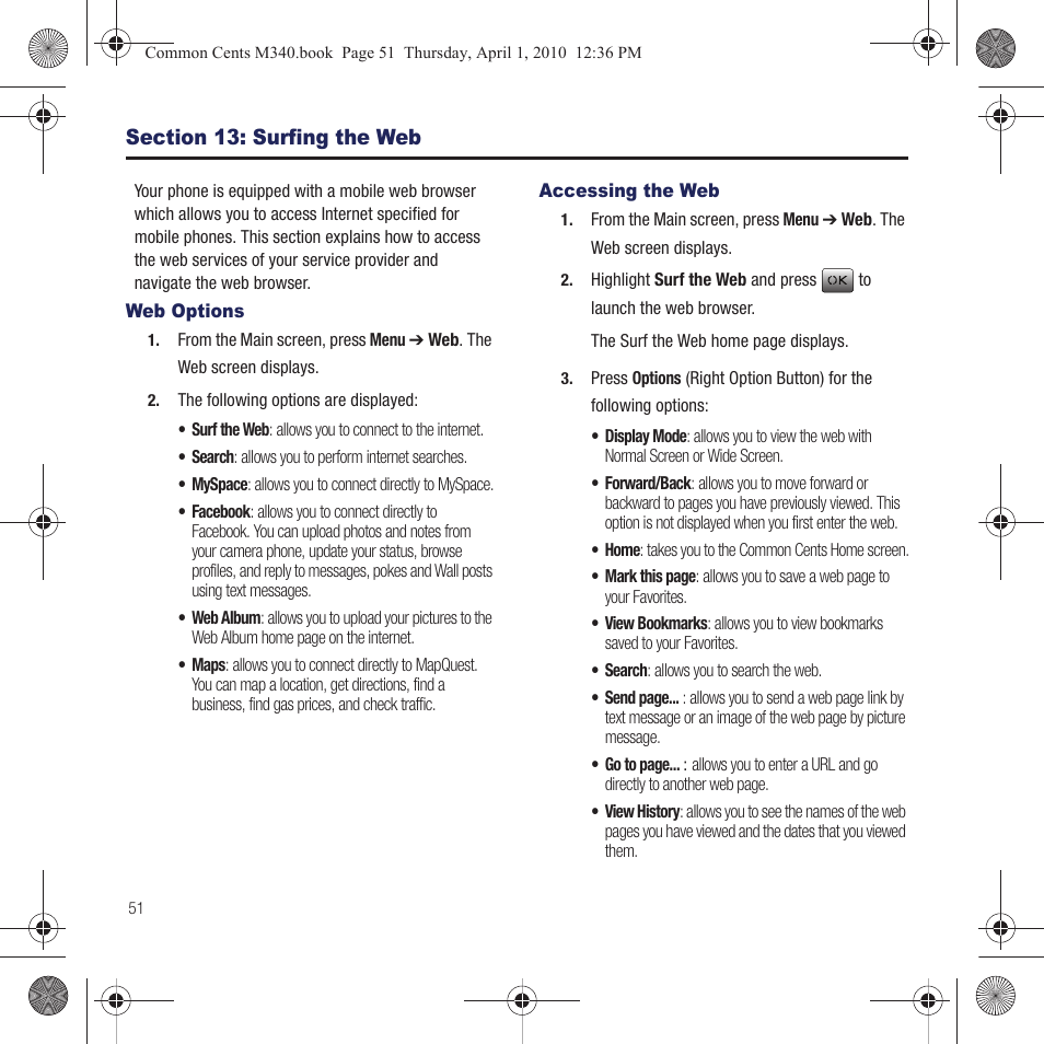 Section 13: surfing the web, Web options, Accessing the web | Web options accessing the web | Samsung SPH-M340DAACMU User Manual | Page 54 / 102