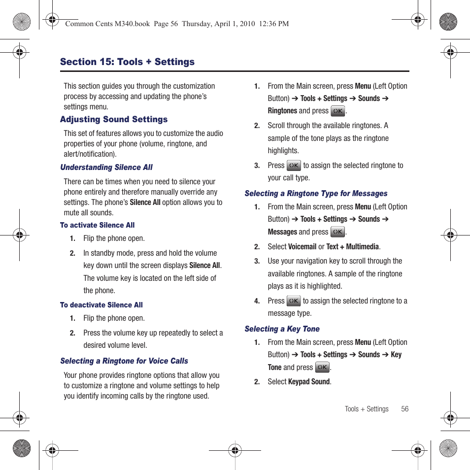 Section 15: tools + settings, Adjusting sound settings | Samsung SPH-M340DAACMU User Manual | Page 59 / 102