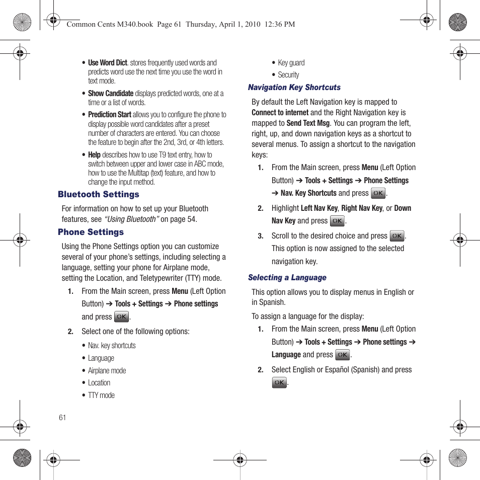 Bluetooth settings, Phone settings, Bluetooth settings phone settings | Samsung SPH-M340DAACMU User Manual | Page 64 / 102