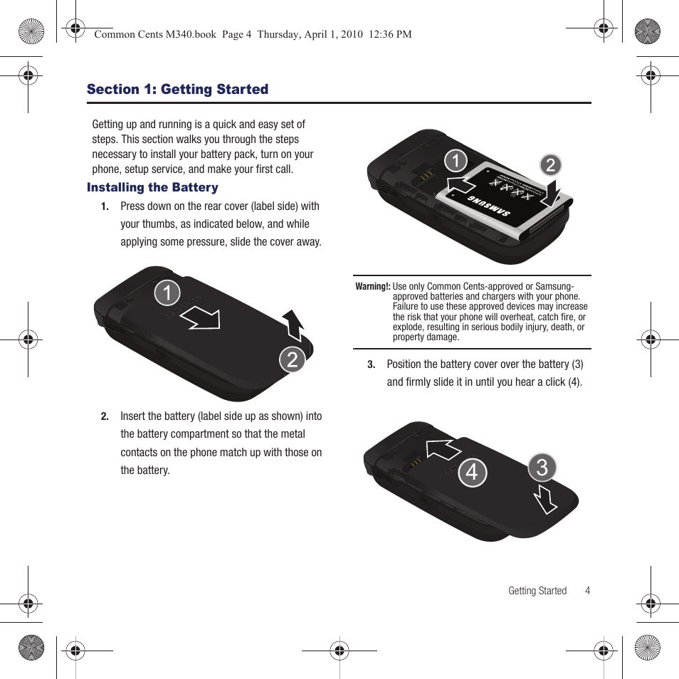 Section 1: getting started, Installing the battery | Samsung SPH-M340DAACMU User Manual | Page 7 / 102