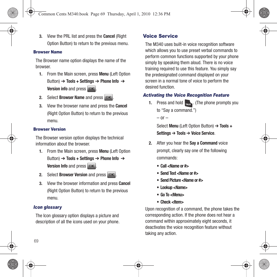 Voice service | Samsung SPH-M340DAACMU User Manual | Page 72 / 102