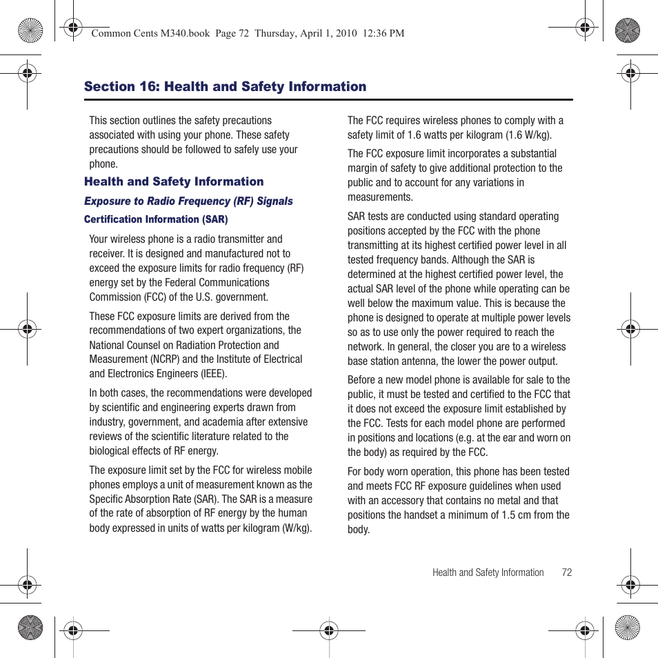 Section 16: health and safety information, Health and safety information, Section 16: health and safety | Information | Samsung SPH-M340DAACMU User Manual | Page 75 / 102