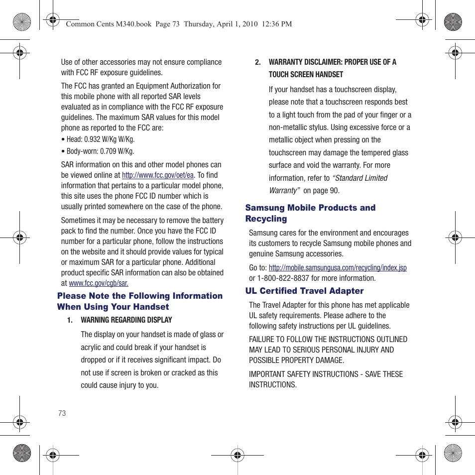 Samsung mobile products and recycling, Ul certified travel adapter, Please note the following information when | Using your handset | Samsung SPH-M340DAACMU User Manual | Page 76 / 102