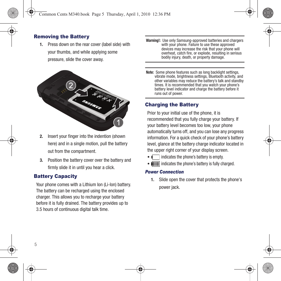 Removing the battery, Battery capacity, Charging the battery | Samsung SPH-M340DAACMU User Manual | Page 8 / 102