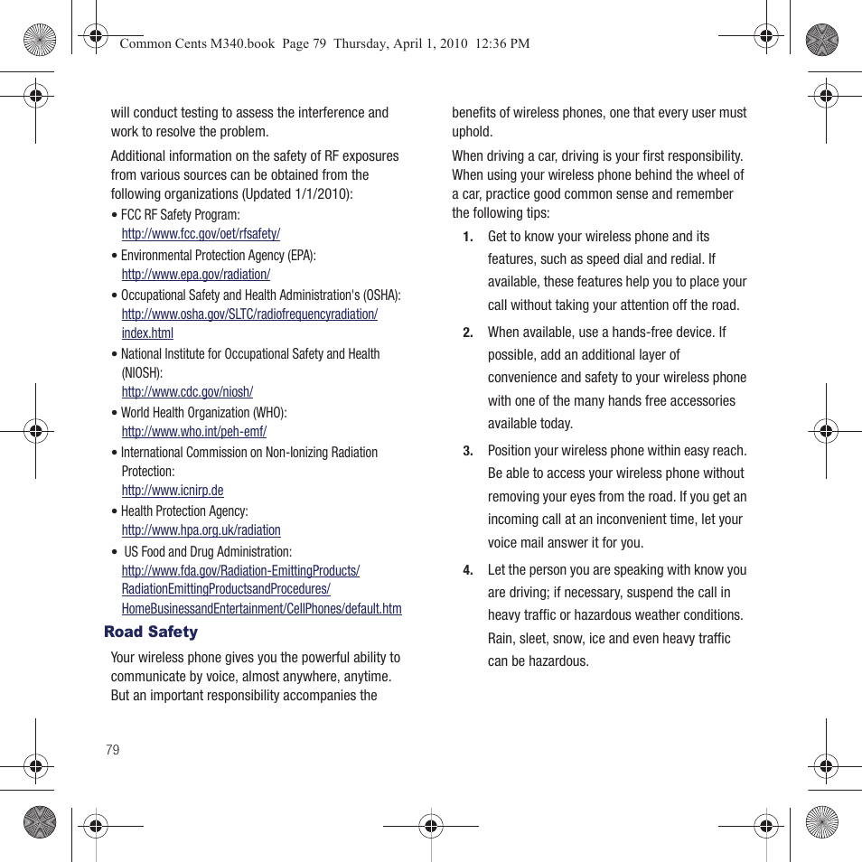 Road safety | Samsung SPH-M340DAACMU User Manual | Page 82 / 102