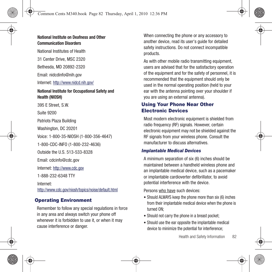 Operating environment, Using your phone near other electronic devices, Operating environment using your phone near other | Electronic devices | Samsung SPH-M340DAACMU User Manual | Page 85 / 102