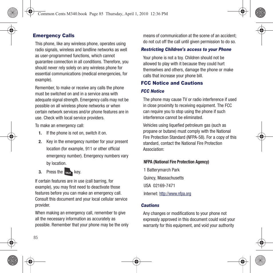 Emergency calls, Fcc notice and cautions, Emergency calls fcc notice and cautions | Samsung SPH-M340DAACMU User Manual | Page 88 / 102