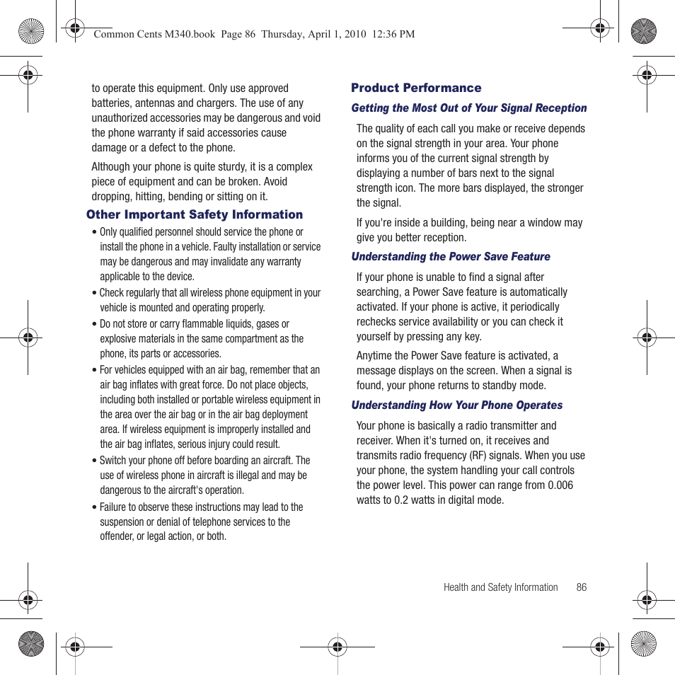 Other important safety information, Product performance | Samsung SPH-M340DAACMU User Manual | Page 89 / 102
