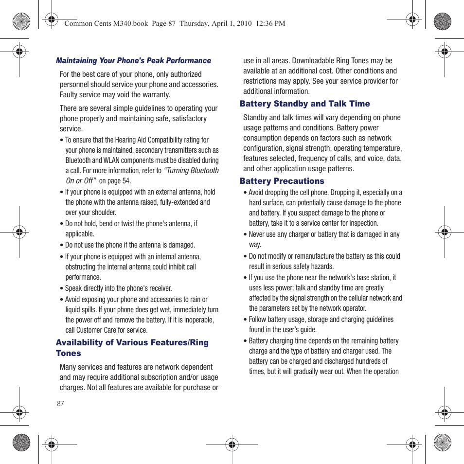 Availability of various features/ring tones, Battery standby and talk time, Battery precautions | Samsung SPH-M340DAACMU User Manual | Page 90 / 102