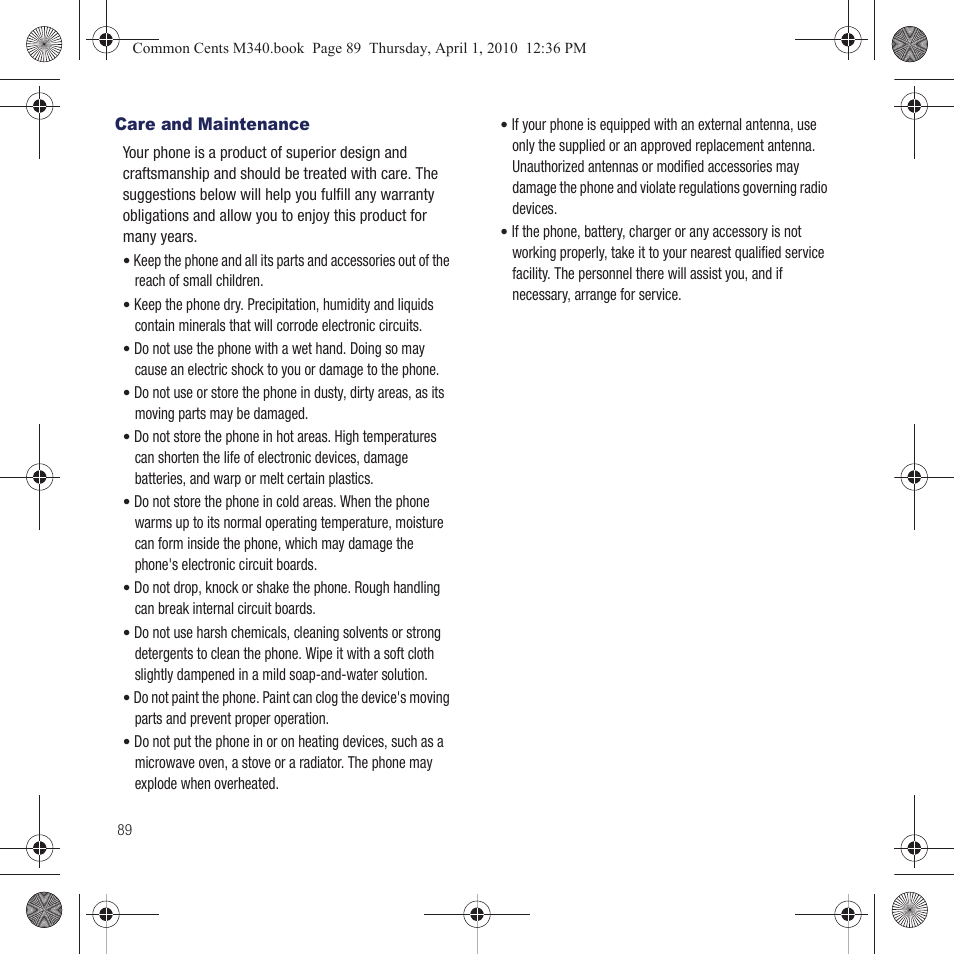 Care and maintenance | Samsung SPH-M340DAACMU User Manual | Page 92 / 102