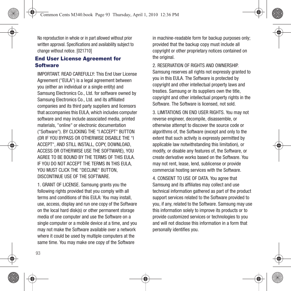 End user license agreement for software | Samsung SPH-M340DAACMU User Manual | Page 96 / 102