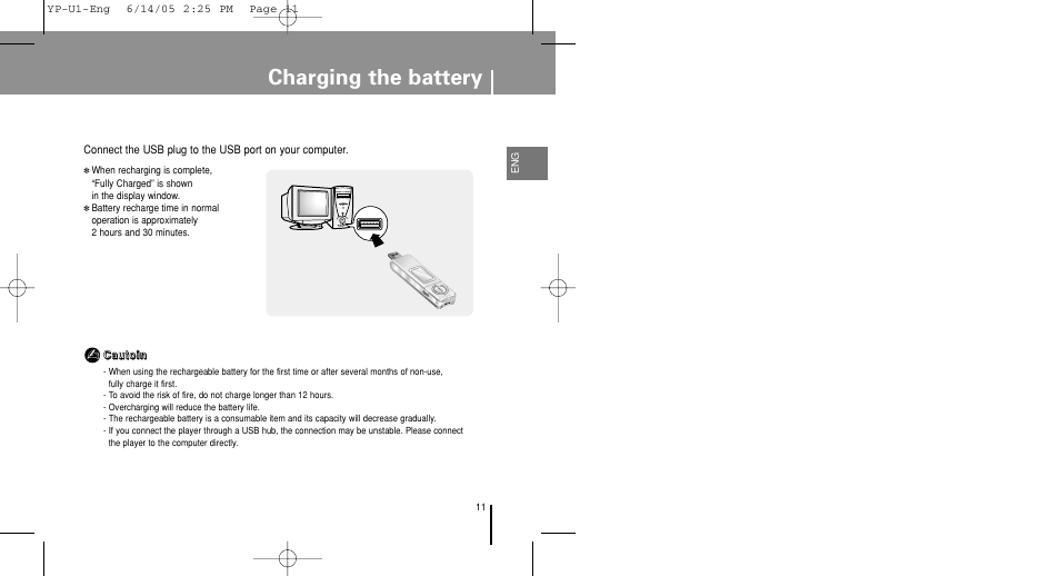 Charging the battery | Samsung YP-U1XB-XAA User Manual | Page 11 / 56