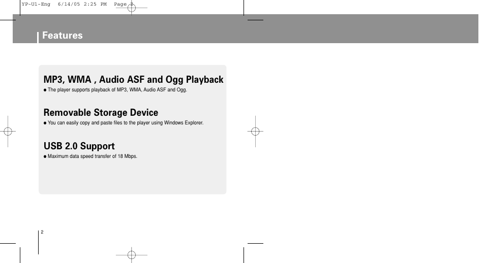 Features, Mp3, wma , audio asf and ogg playback, Removable storage device | Usb 2.0 support | Samsung YP-U1XB-XAA User Manual | Page 2 / 56