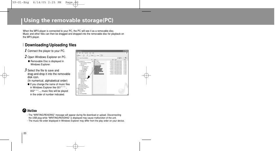 Using the removable storage(pc), Downloading/uploading files | Samsung YP-U1XB-XAA User Manual | Page 20 / 56