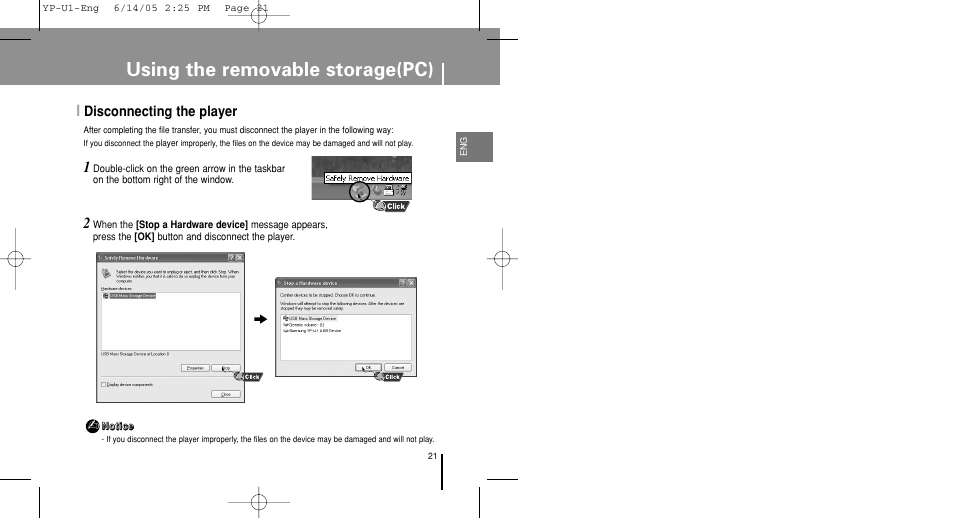 Disconnecting the player, Using the removable storage(pc) | Samsung YP-U1XB-XAA User Manual | Page 21 / 56