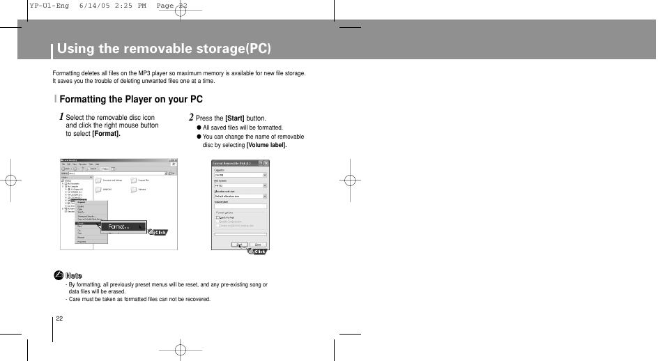 Formatting the player on your pc, Using the removable storage(pc) | Samsung YP-U1XB-XAA User Manual | Page 22 / 56