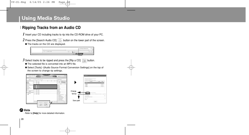 Ripping tracks from an audio cd, Using media studio, Iripping tracks from an audio cd | Samsung YP-U1XB-XAA User Manual | Page 28 / 56