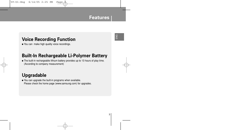 Features, Voice recording function, Built-in rechargeable li-polymer battery | Upgradable | Samsung YP-U1XB-XAA User Manual | Page 3 / 56