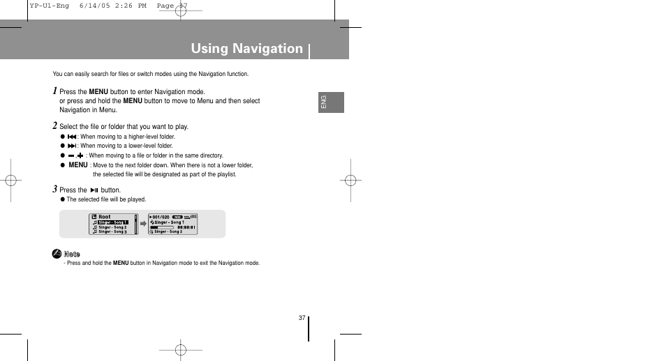 Using navigation | Samsung YP-U1XB-XAA User Manual | Page 37 / 56