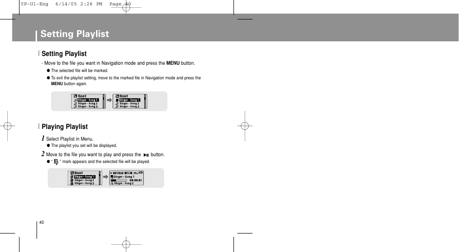 Setting playlist, Playing playlist | Samsung YP-U1XB-XAA User Manual | Page 40 / 56