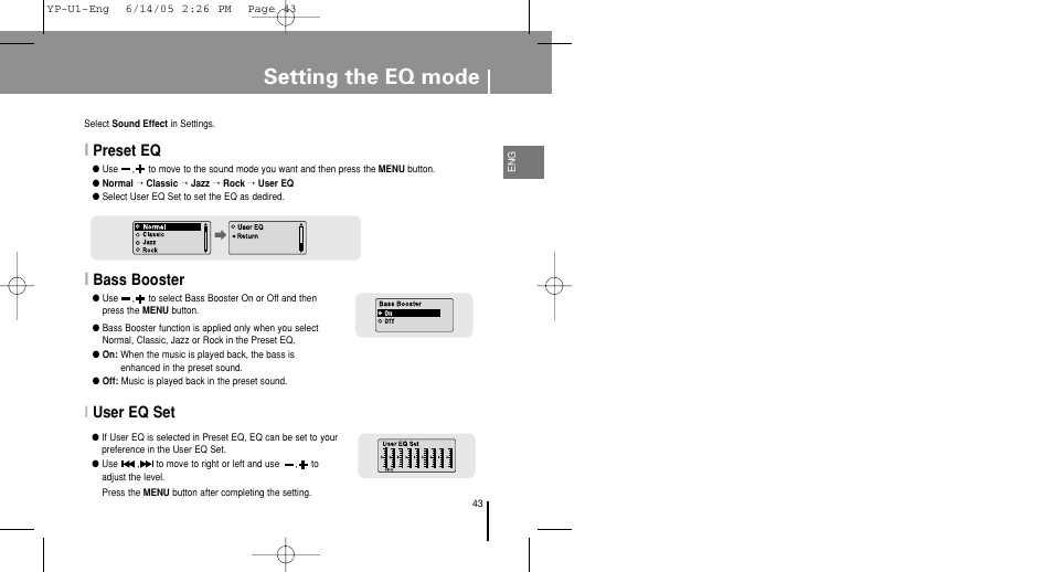 Setting the eq mode, Preset eq, Bass booster | User eq set, Iuser eq set | Samsung YP-U1XB-XAA User Manual | Page 43 / 56