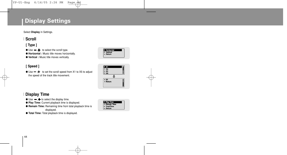 Display settings, Scroll, Display time | Iscroll, Idisplay time | Samsung YP-U1XB-XAA User Manual | Page 44 / 56