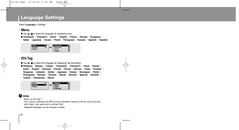 Language settings, Menu, Id3-tag | Imenu i id3-tag | Samsung YP-U1XB-XAA User Manual | Page 46 / 56