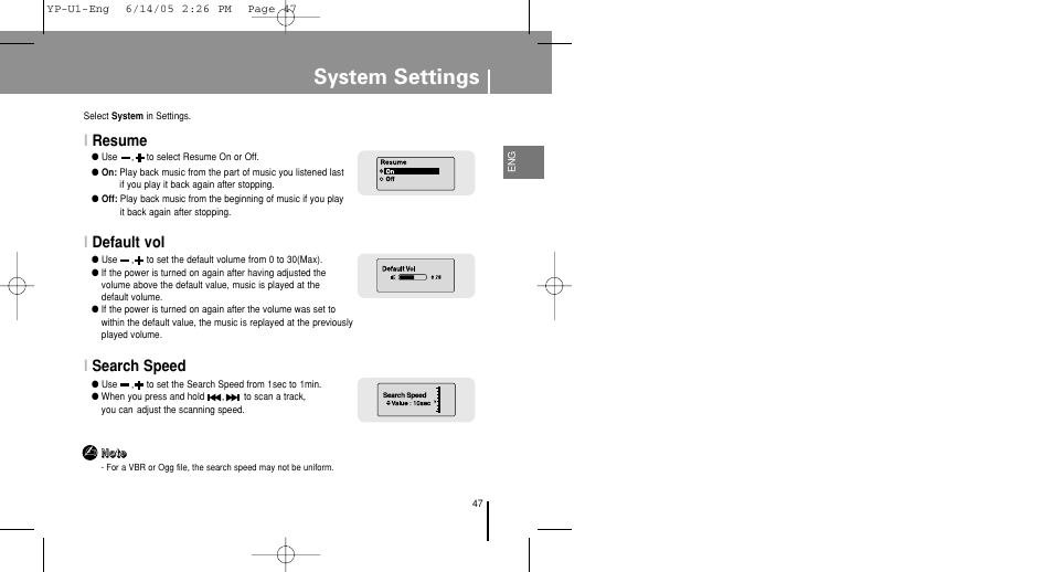 System settings, Resume, Default vol | Search speed, Iresume i default vol i search speed | Samsung YP-U1XB-XAA User Manual | Page 47 / 56