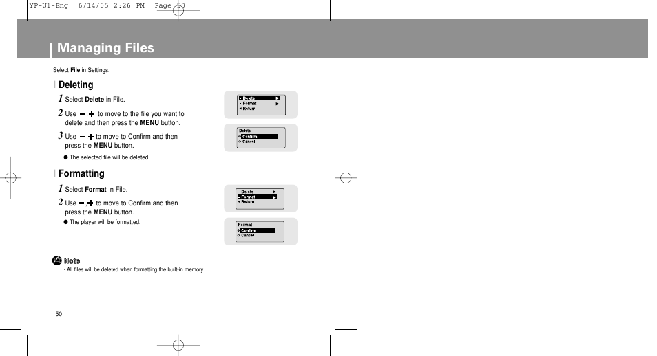 Managing files, Deleting, Formatting | Samsung YP-U1XB-XAA User Manual | Page 50 / 56