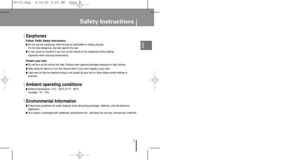 Safety instructions, Earphones, Ambient operating conditions | Environmental information | Samsung YP-U1XB-XAA User Manual | Page 7 / 56