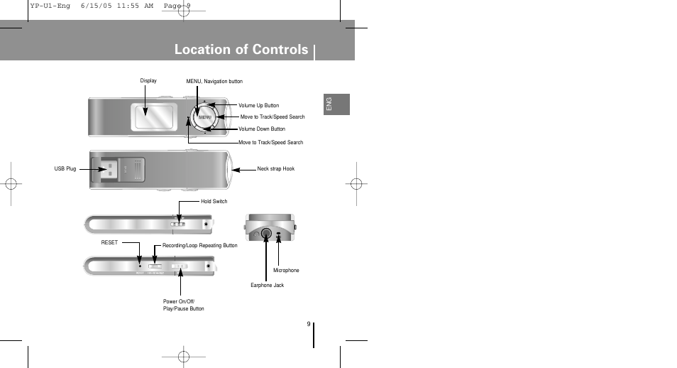 Location of controls | Samsung YP-U1XB-XAA User Manual | Page 9 / 56