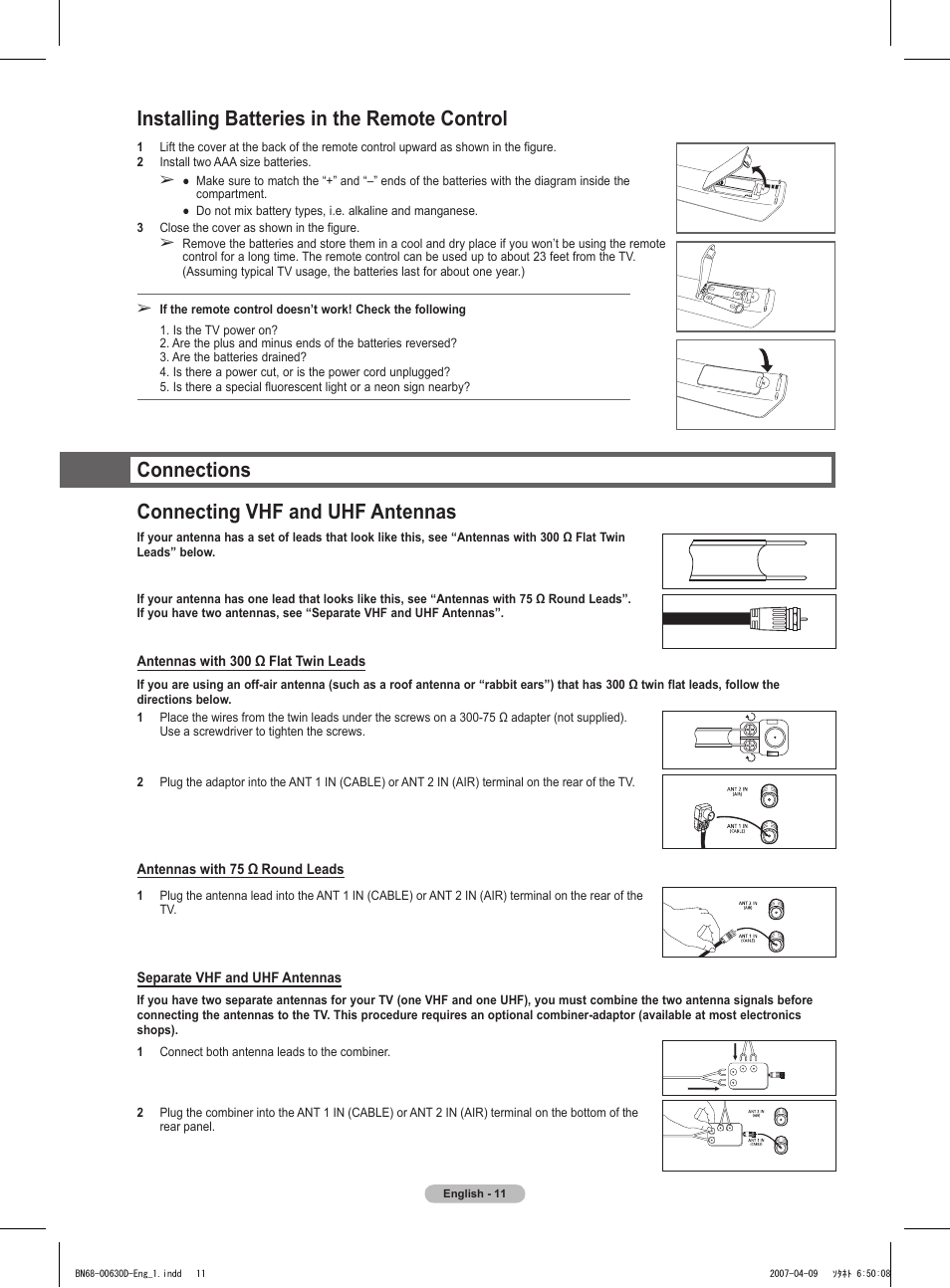 Installing batteries in the remote control, Connections, Connecting vhf and uhf antennas | Connections connecting vhf and uhf antennas | Samsung HLT6756WX-XAA User Manual | Page 11 / 144