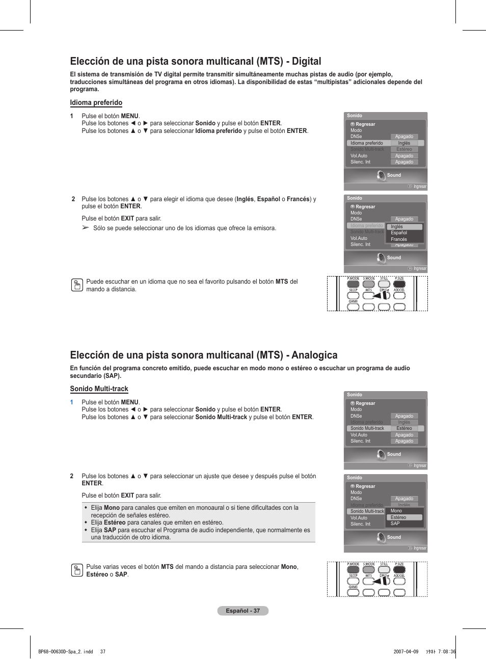 Sonido multi-track, Idioma preferido | Samsung HLT6756WX-XAA User Manual | Page 112 / 144