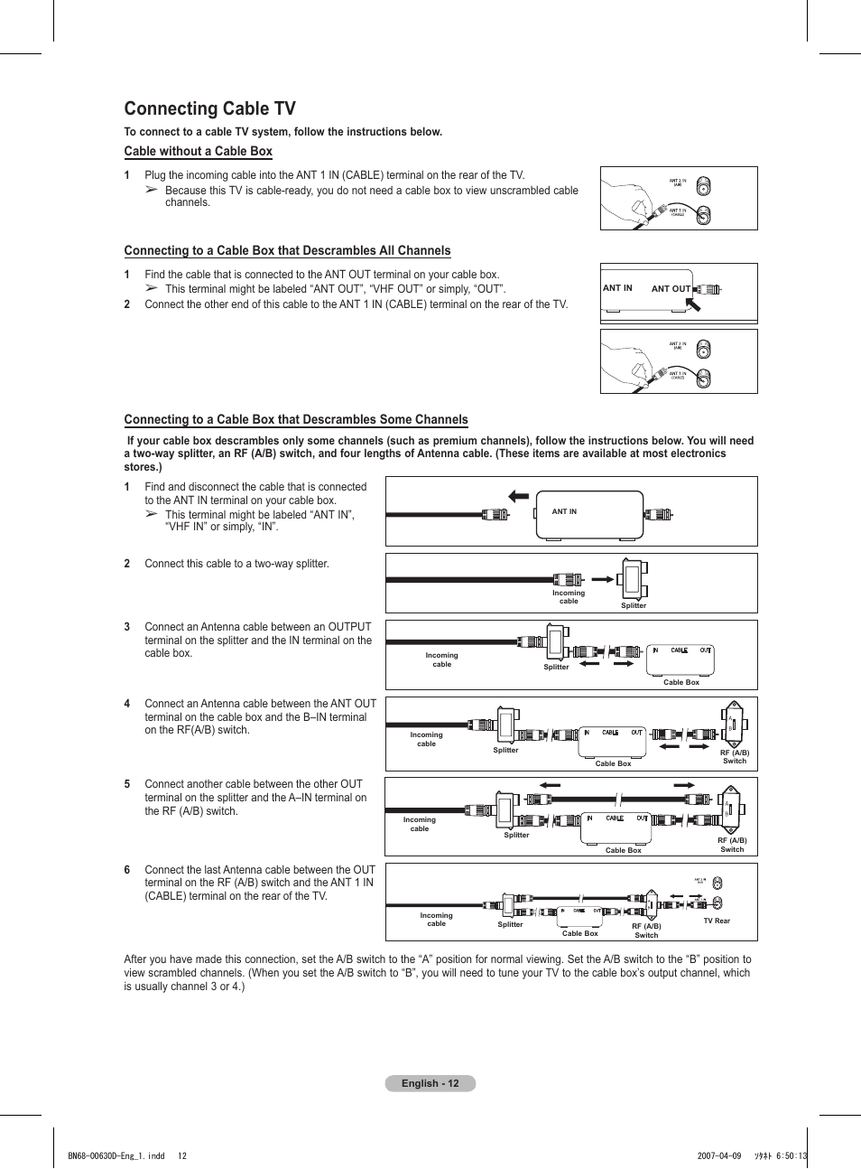 Connecting cable tv | Samsung HLT6756WX-XAA User Manual | Page 12 / 144