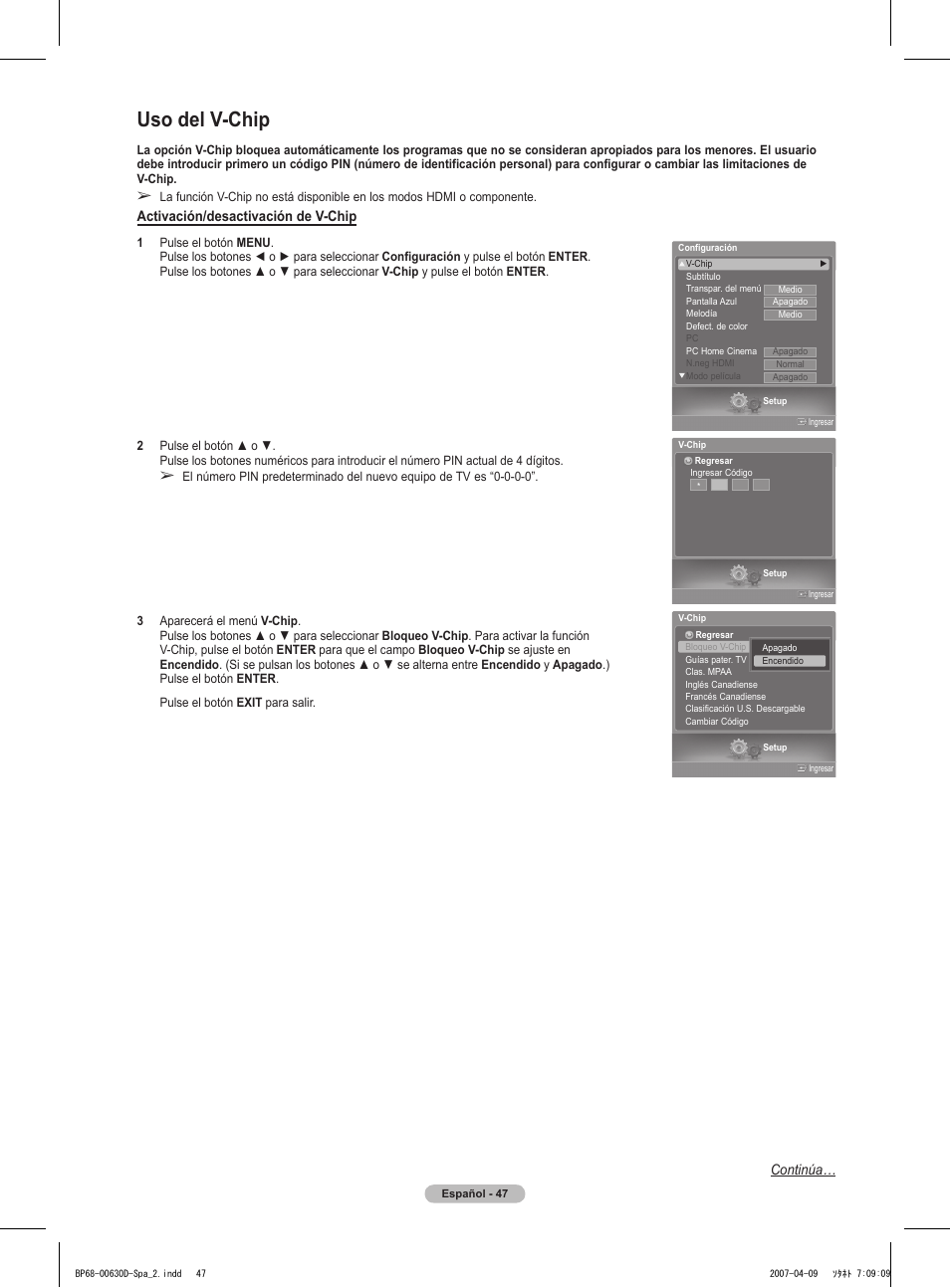 Uso del v-chip, Continúa, Activación/desactivación de v-chip | Samsung HLT6756WX-XAA User Manual | Page 122 / 144