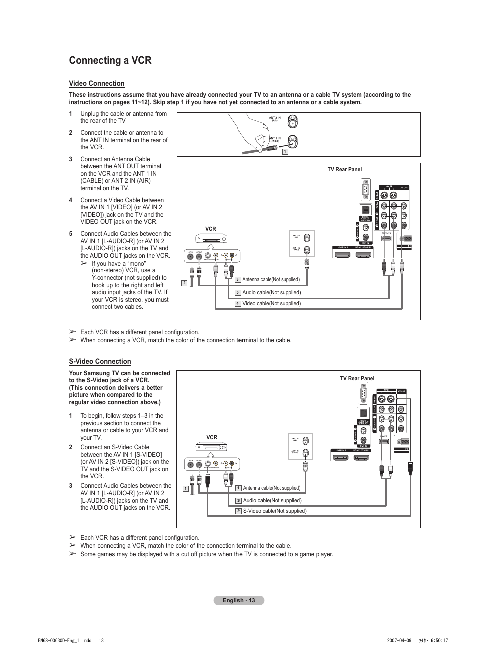 Connecting a vcr | Samsung HLT6756WX-XAA User Manual | Page 13 / 144