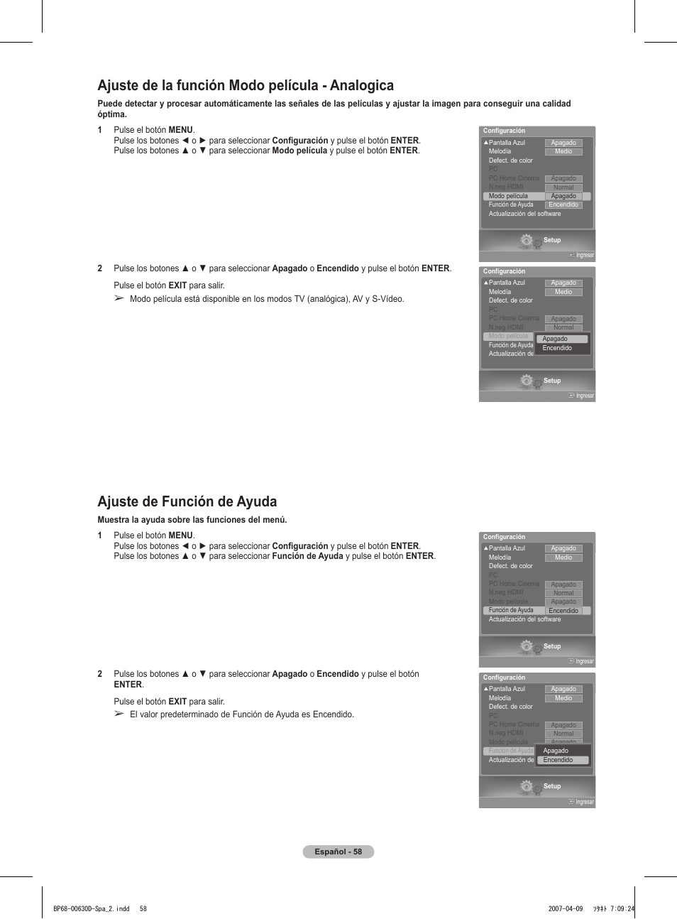 Ajuste de la función modo película - analogica, Ajuste de función de ayuda | Samsung HLT6756WX-XAA User Manual | Page 133 / 144