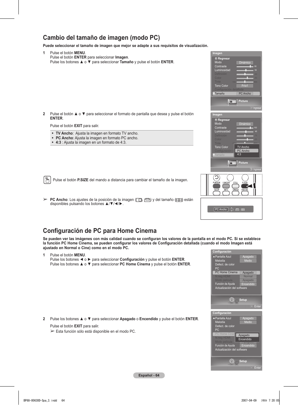 Cambio del tamaño de imagen (modo pc), Configuración de pc para home cinema | Samsung HLT6756WX-XAA User Manual | Page 139 / 144