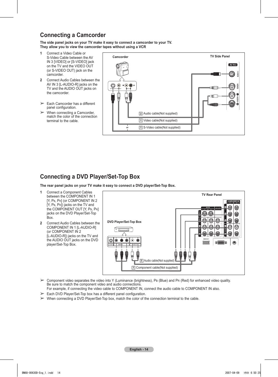 Connecting a camcorder, Connecting a dvd player/set-top box | Samsung HLT6756WX-XAA User Manual | Page 14 / 144