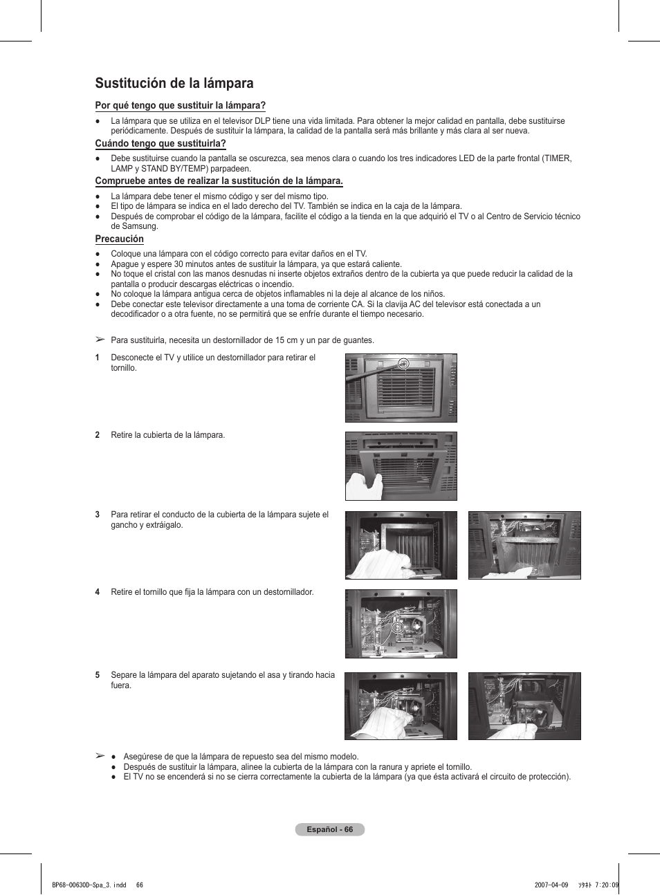 Sustitución de la lámpara | Samsung HLT6756WX-XAA User Manual | Page 141 / 144