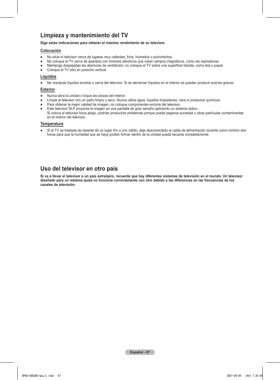 Limpieza y mantenimiento del tv, Uso del televisor en otro país | Samsung HLT6756WX-XAA User Manual | Page 142 / 144