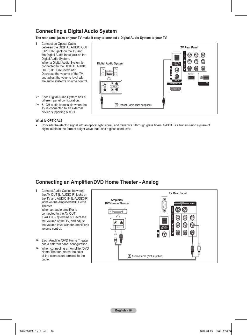 Connecting a digital audio system, Connecting an amplifier/dvd home theater - analog | Samsung HLT6756WX-XAA User Manual | Page 16 / 144