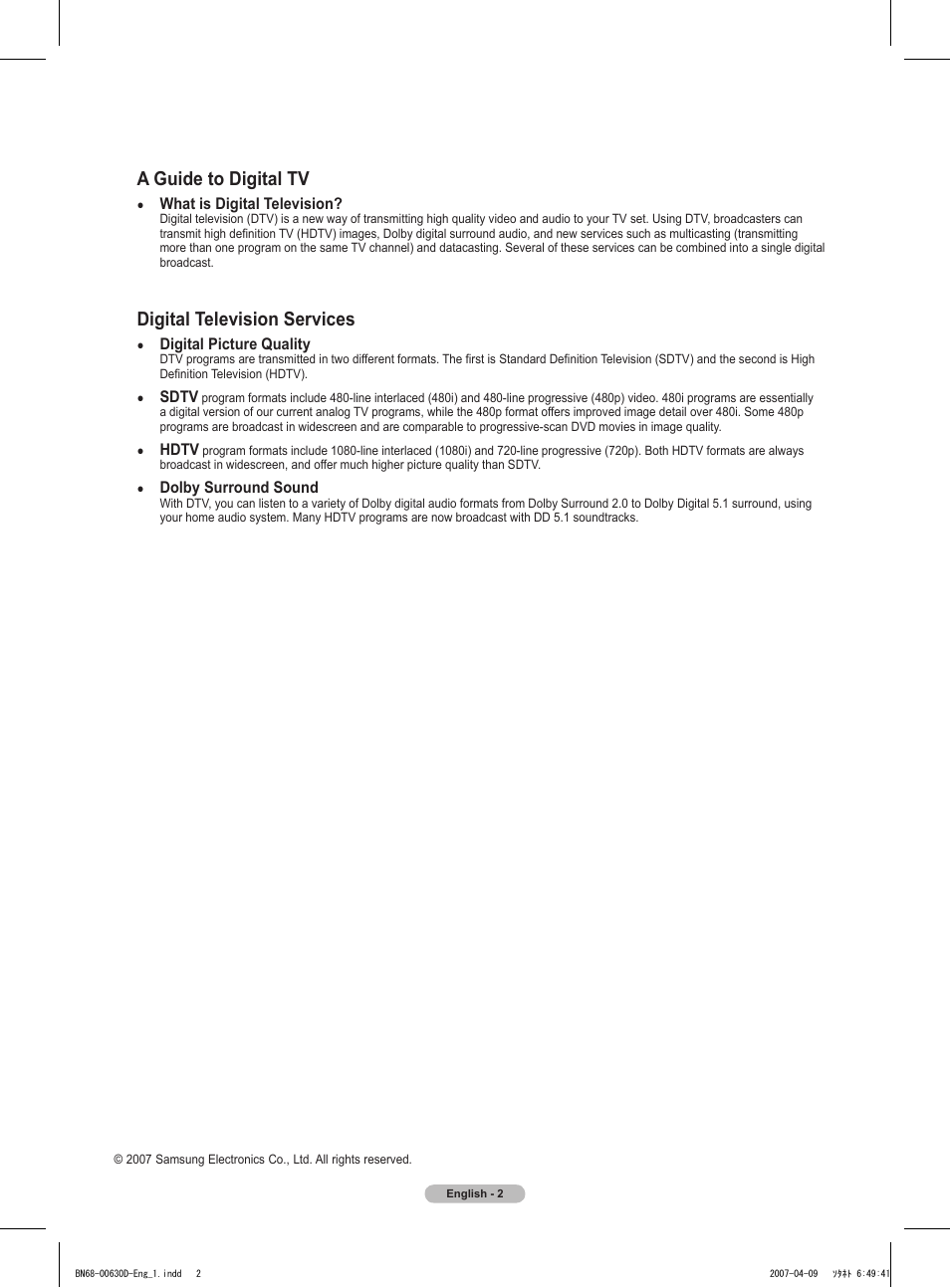 A guide to digital tv, Digital television services | Samsung HLT6756WX-XAA User Manual | Page 2 / 144