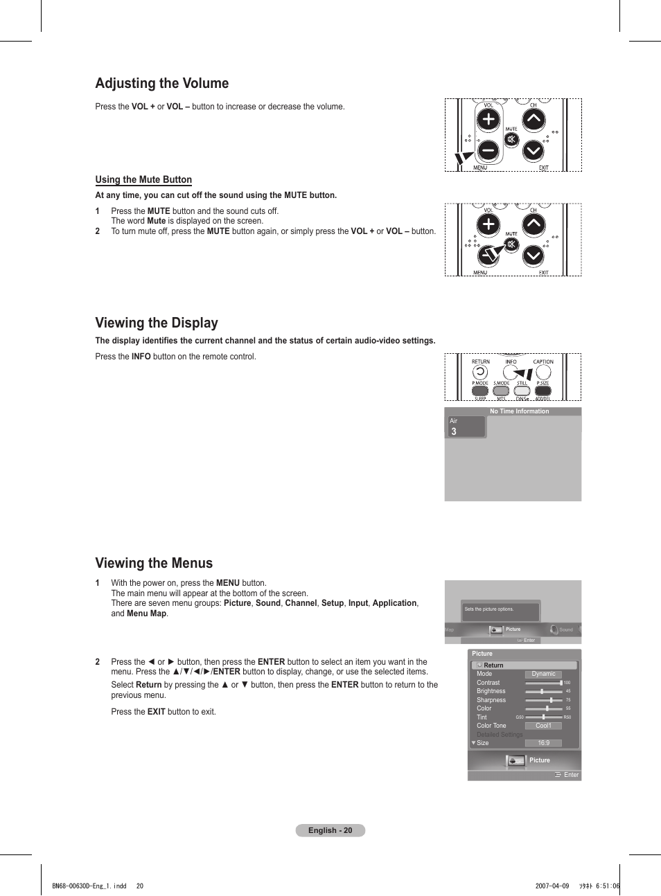 Adjusting the volume, Viewing the menus, Viewing the display | Using the mute button | Samsung HLT6756WX-XAA User Manual | Page 20 / 144