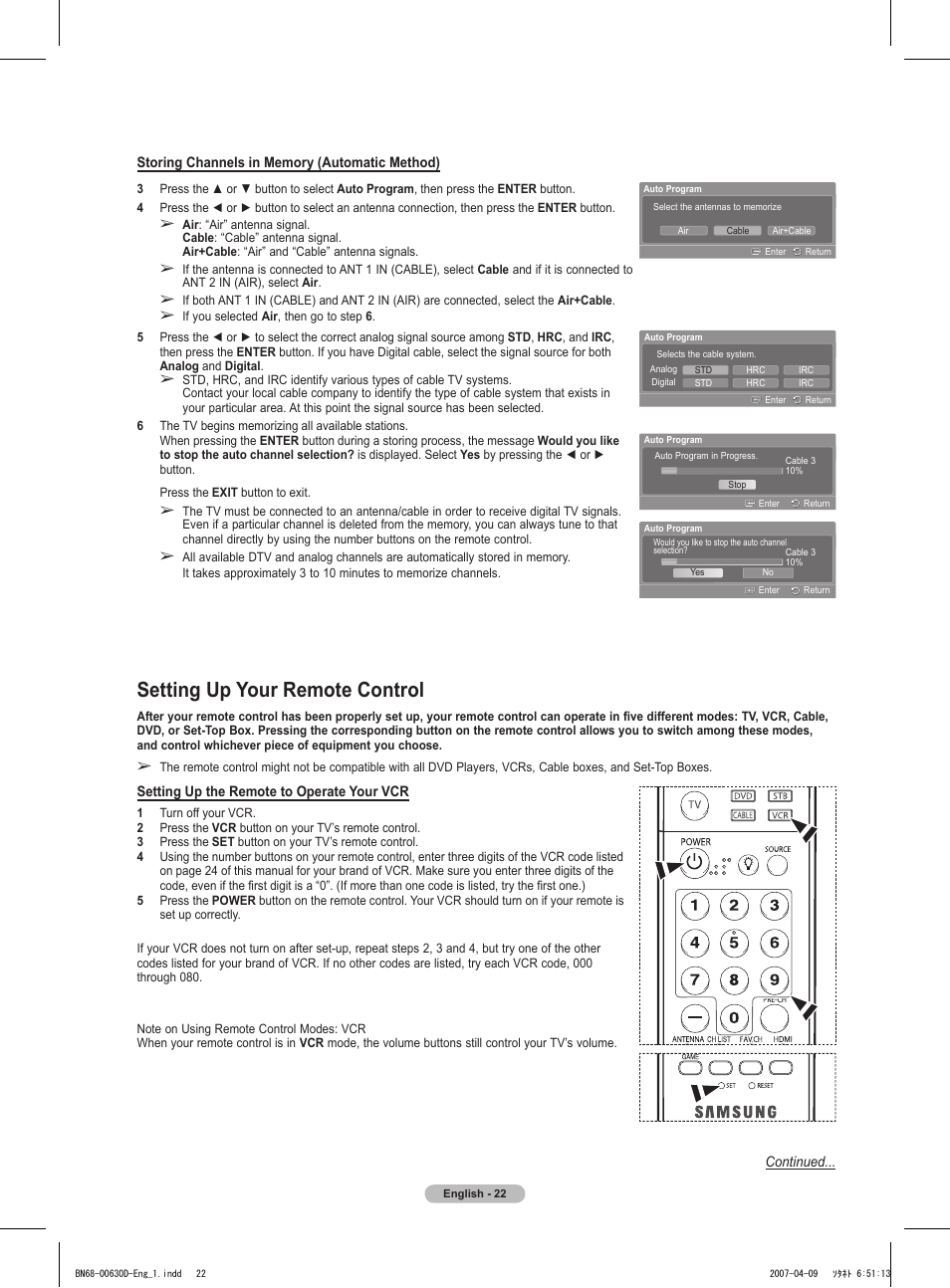 Setting up your remote control | Samsung HLT6756WX-XAA User Manual | Page 22 / 144