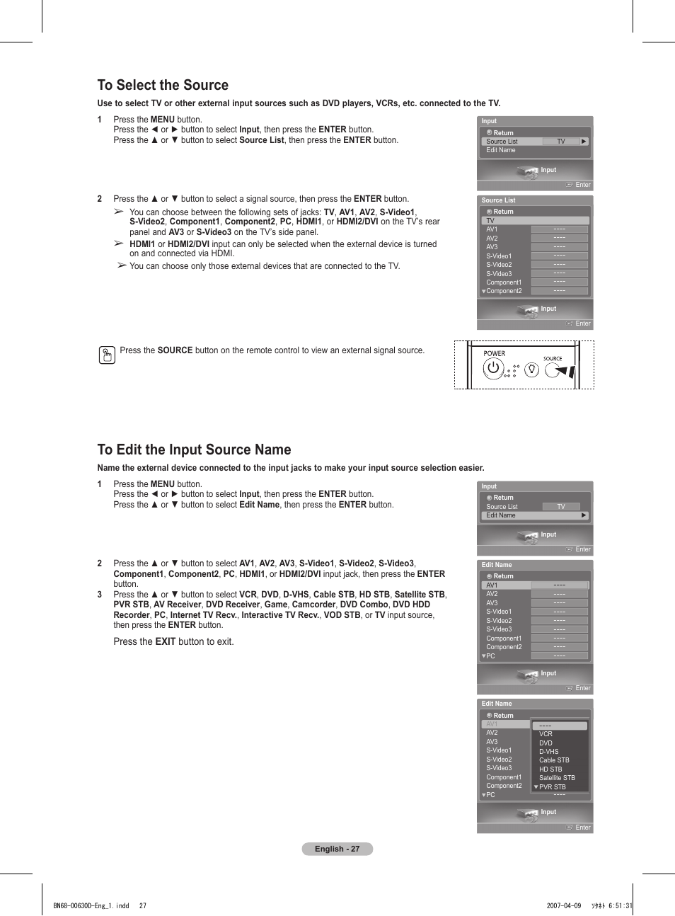 To select the source, To edit the input source name, Press the exit button to exit | Samsung HLT6756WX-XAA User Manual | Page 27 / 144