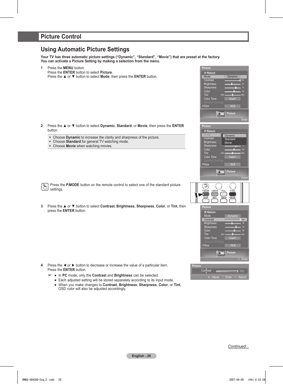 Picture control, Using automatic picture settings, Picture control using automatic picture settings | Continued | Samsung HLT6756WX-XAA User Manual | Page 28 / 144