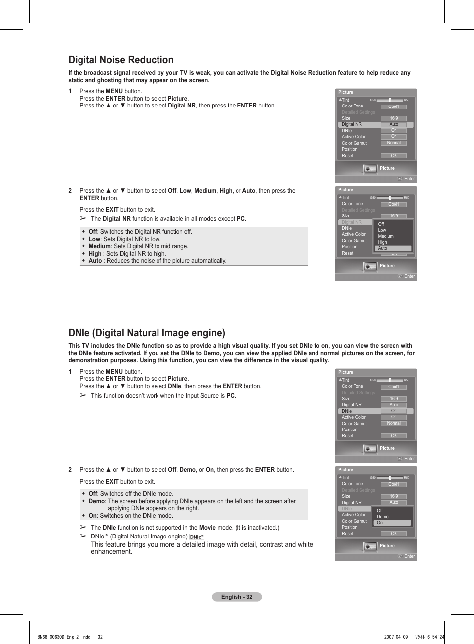 Digital noise reduction, Dnie (digital natural image engine) | Samsung HLT6756WX-XAA User Manual | Page 32 / 144